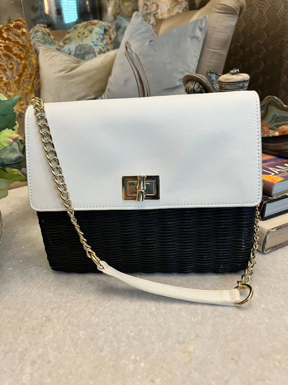 Vintage Talbots rattan wicker black white leather crossbody
